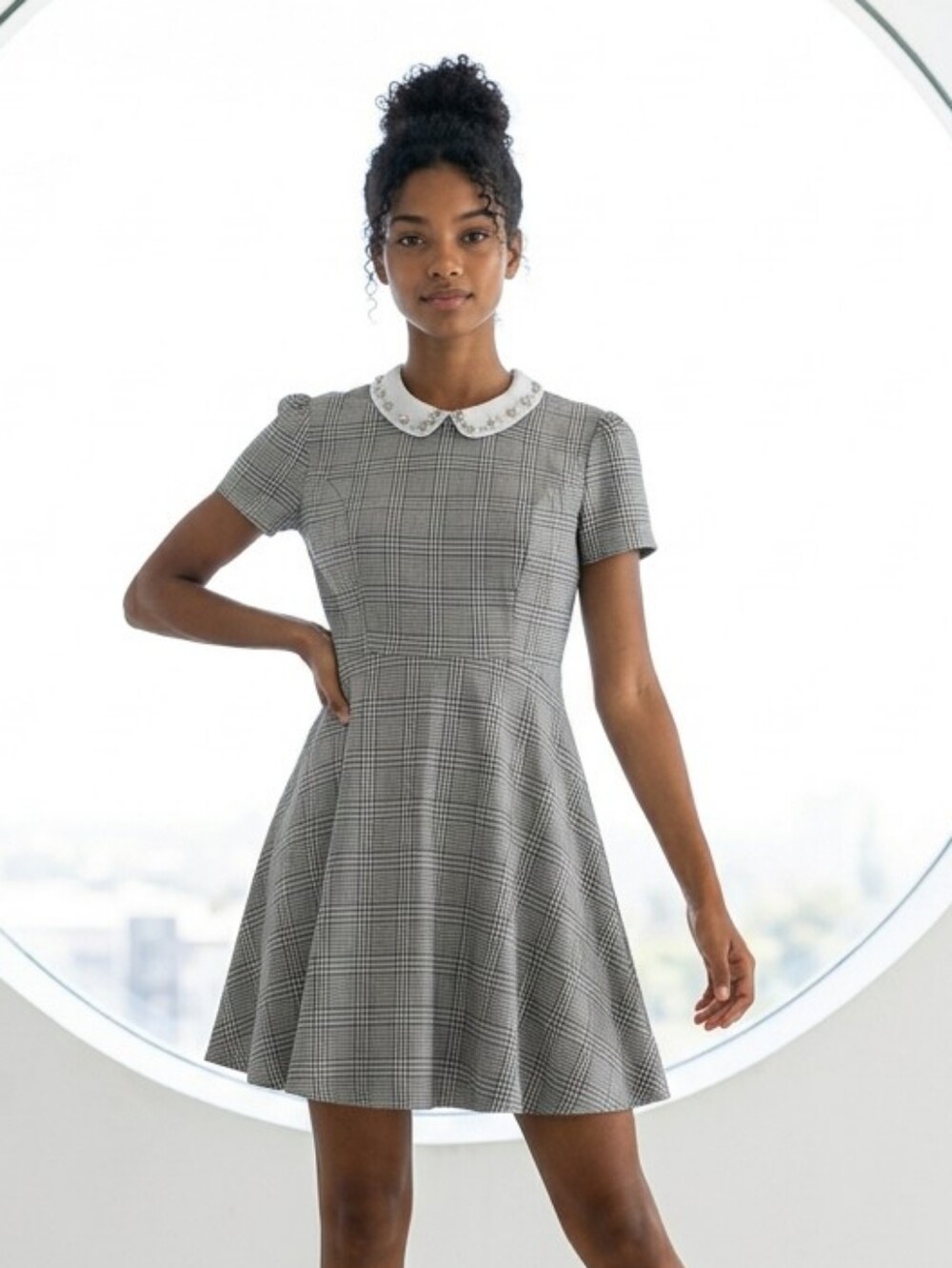 Maison Jules Plaid Fit Flare Dress Bejeweled Collar Pockets Academia Size 0